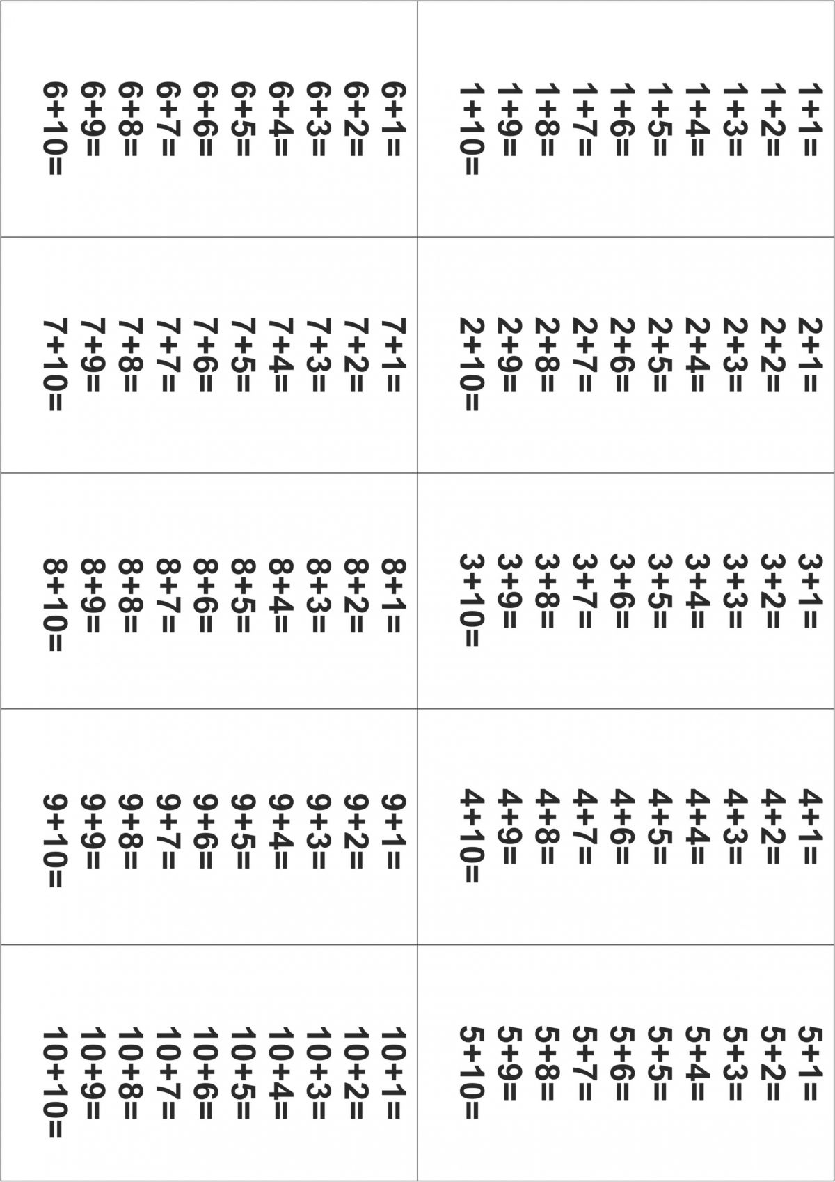 Распечатать таблицу сложения без ответов от 1 до 10
