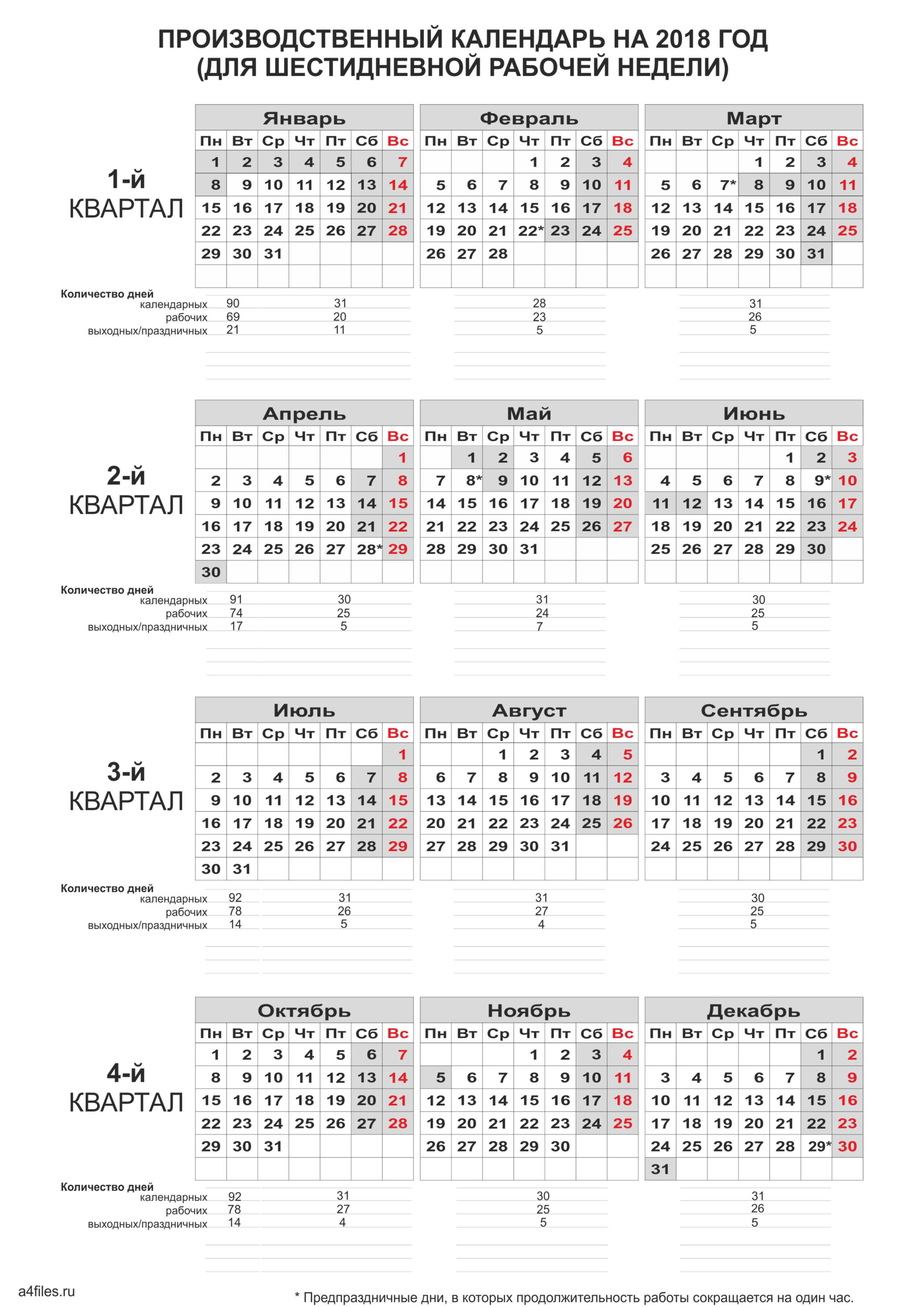 Производственные календари 2018 - Скачать и распечатать на А4